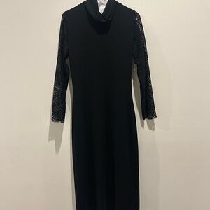 Alice + Olivia Black Turtleneck Sweater Midi Dress w/ Lace Sleeves Size Large